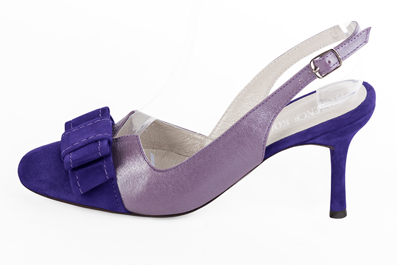 Violet purple women's open back shoes, with a knot. Round toe. High slim heel. Profile view - Florence KOOIJMAN